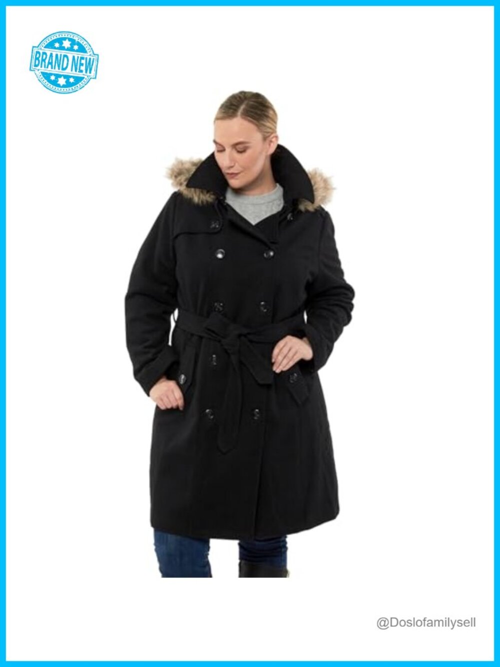 Wool Blend Long Trench Coat Removable Faux Fur Hood Belt Plus Size